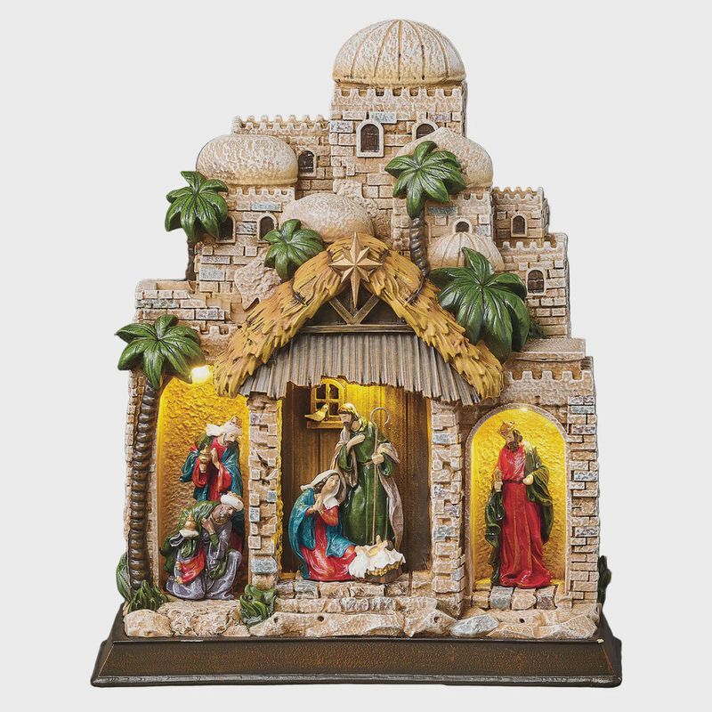 11" Lighted Nativity in Town Scene