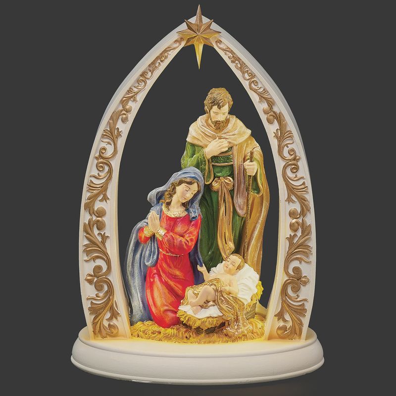 Lighted Holy Family Nativity Under Star Arch in Colourful Resin