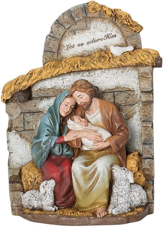 10" Mary &amp; Joseph with Baby in Crèche – Hand-Painted Holy Family Nativity Scene