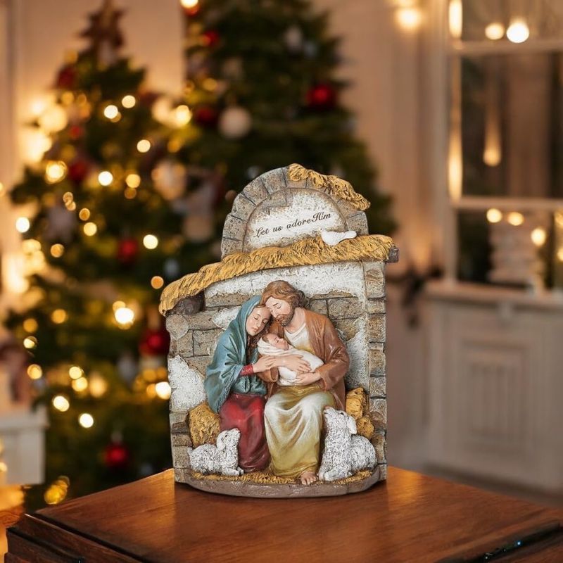 10" Mary &amp; Joseph with Baby in Crèche – Hand-Painted Holy Family Nativity Scene