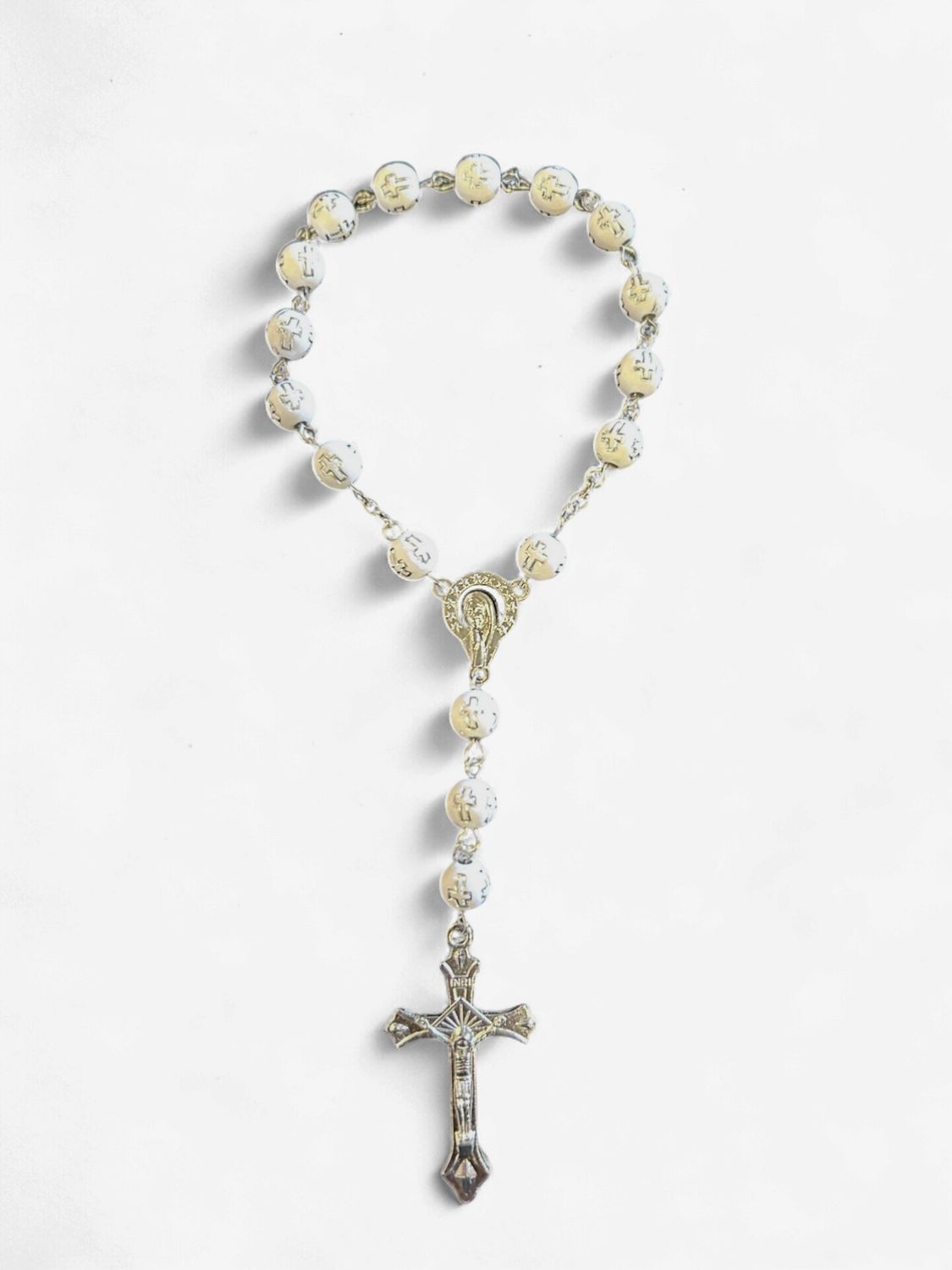 White Car Rosary with Crosses, Colour: Silver Link