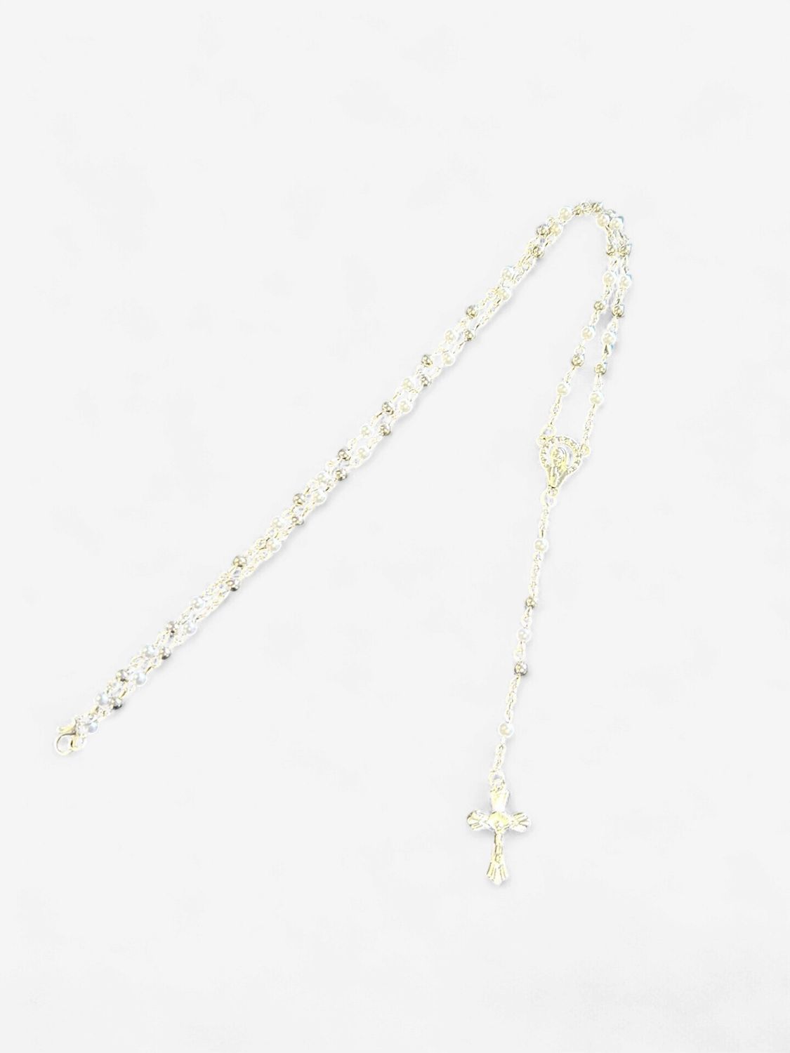 Clear white Small Rosary with Silver charm 43 CM
