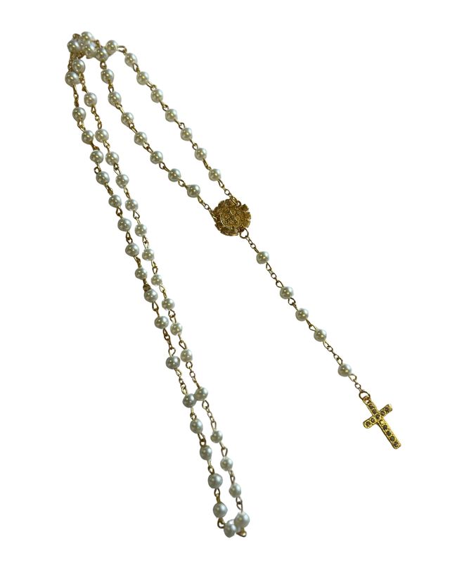 Pearl colour rosary (Bead size 5 mm) with gold charm