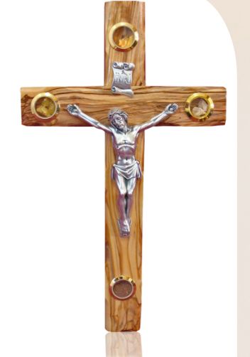 35cm Olive Wood Latin Cross with Crucifix and 4 Lenses