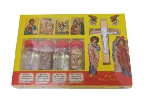 4 Bottles in a Box - Holy Soil | Oil | Water | Incense with Icons and a Large Cross from Holy Land