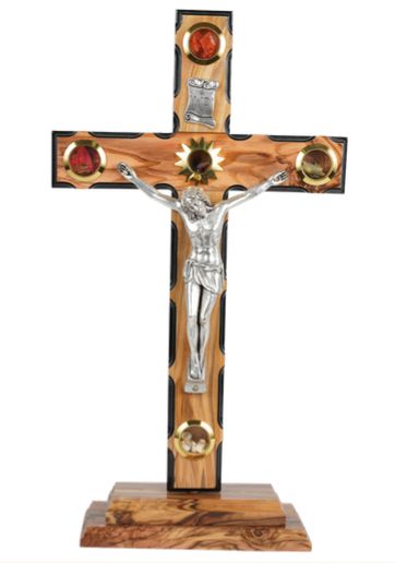 Olive Wood Latin Cross 25cm Black with 4 Lenses and Base