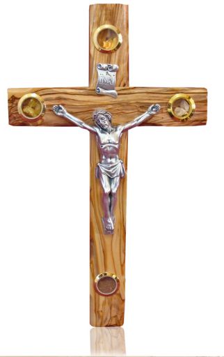 12cm Olive Wood Latin Cross with Crucifix and 4 Lenses