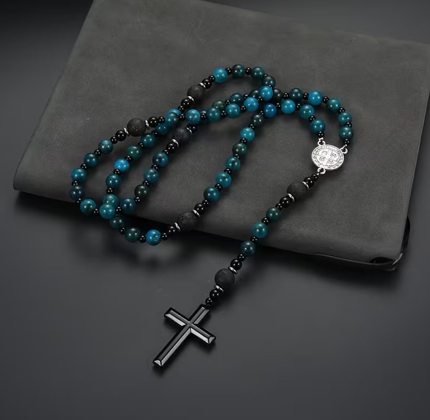Natural Stone Tiger Eye Rosary, Colour: Blue with Matte Black Beads