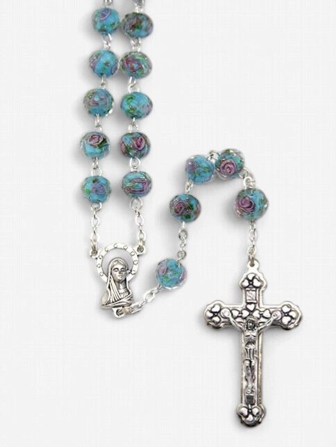 Glass Rose 9mm bead in Blue