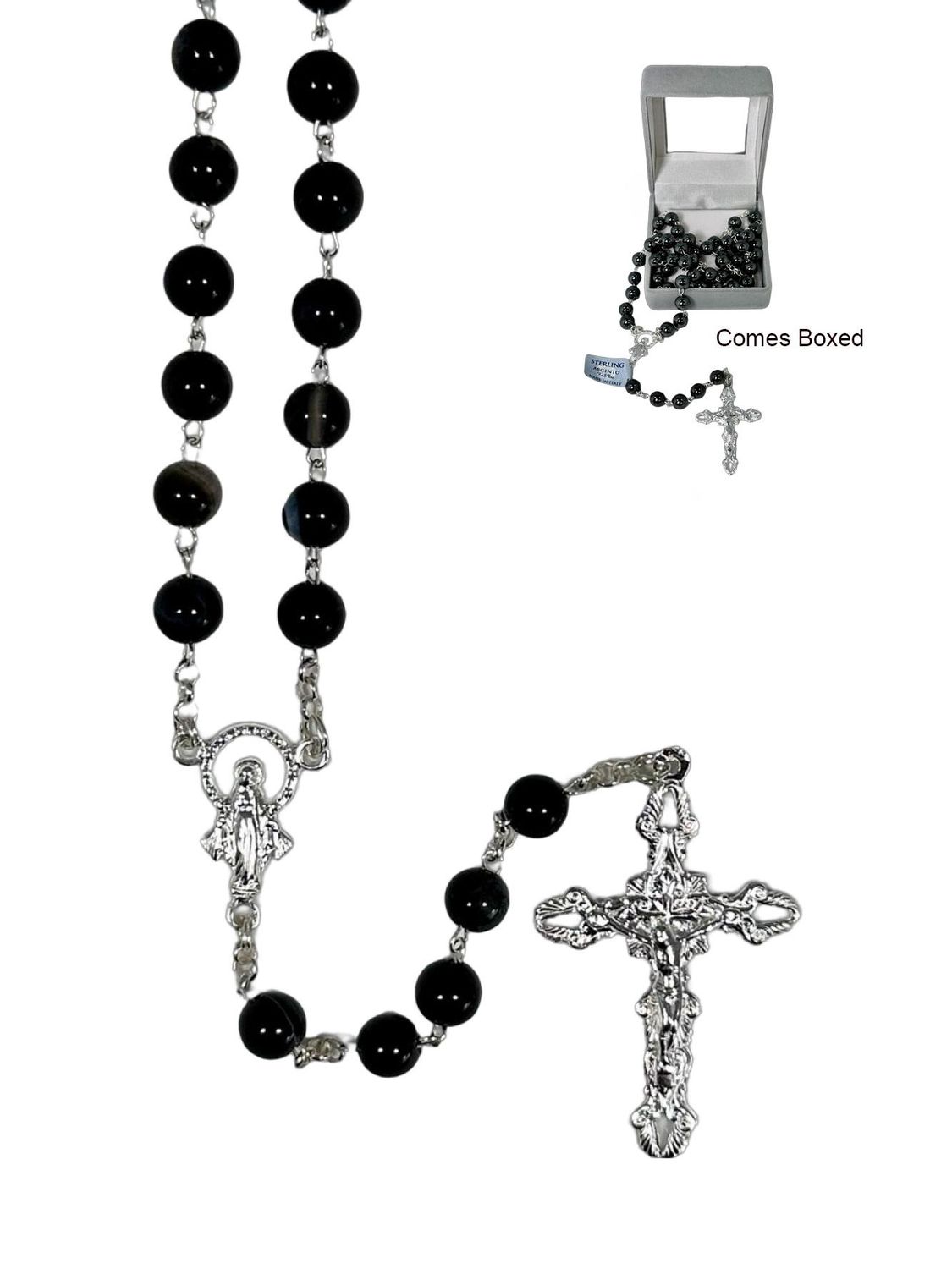 Genuine Agate Rosary Sterling Silver Chain, Colour: Black