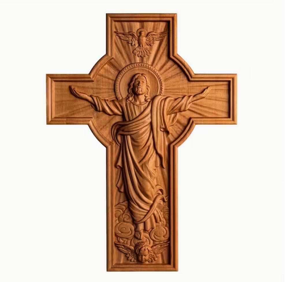 Ascension Cross | Handcrafted Wooden Carved 35.56cm