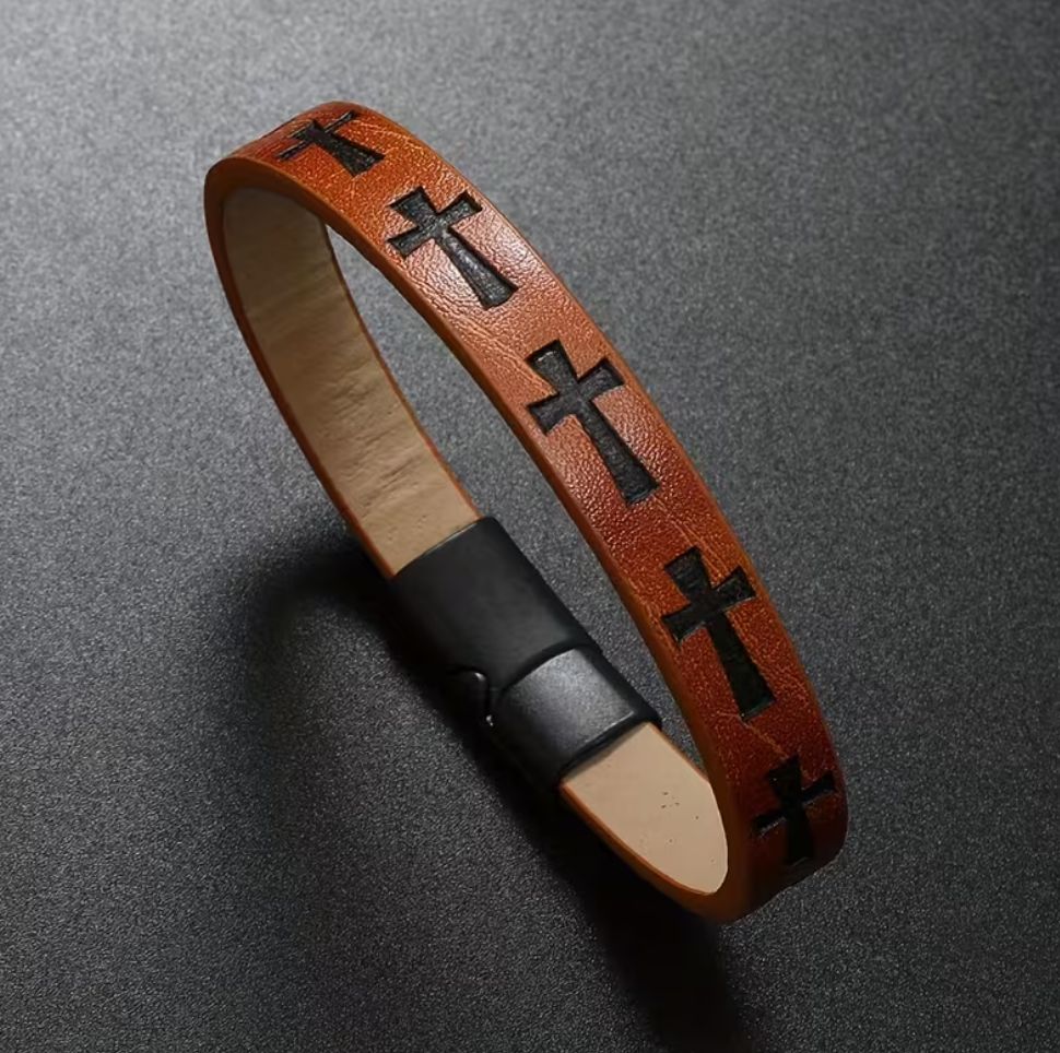 Magnetic Clasp Bracelet | Embossed Cross, Colour: Crimson