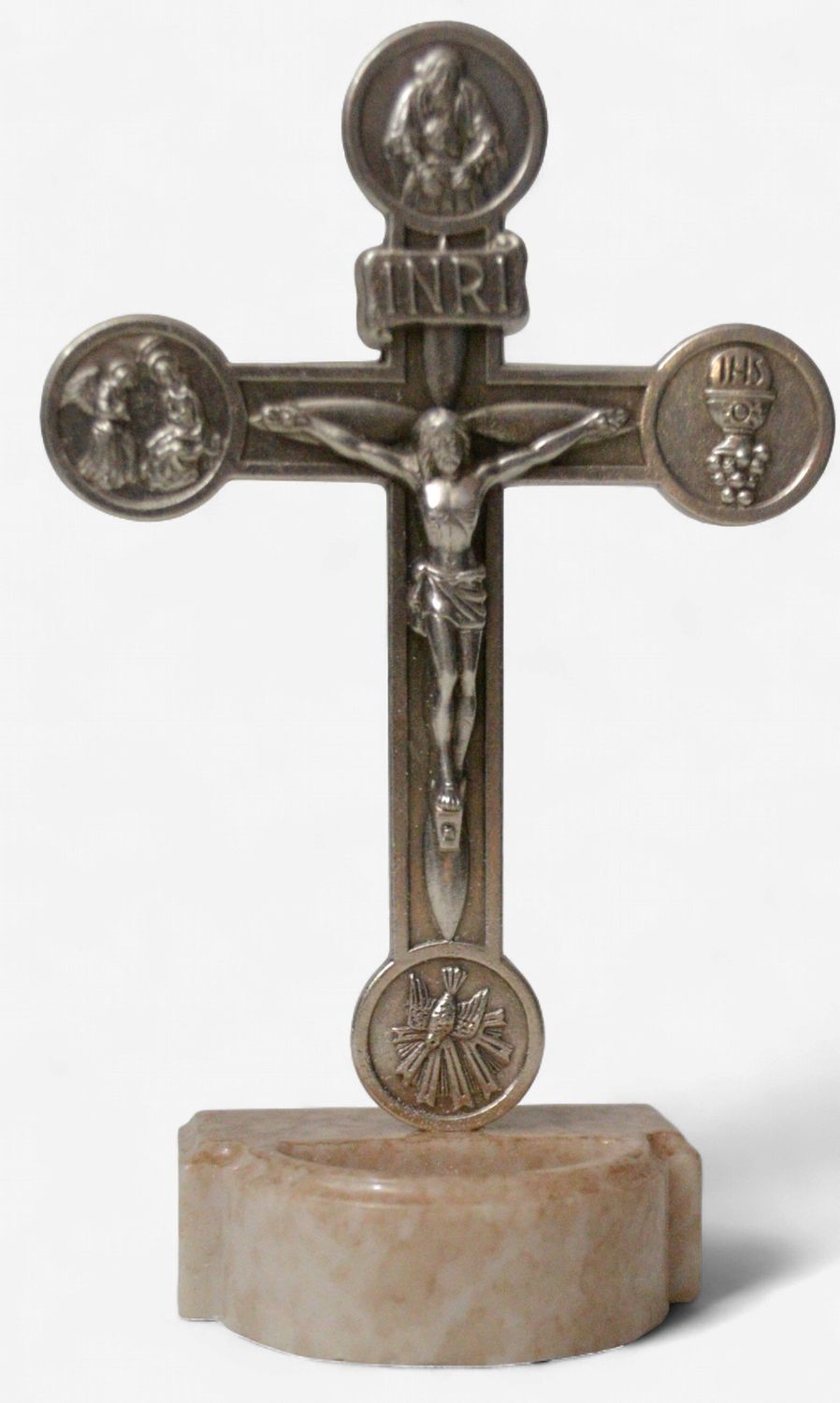 Standing Metal Crucifix On Marble Base with Water Font - 110 x 70mm