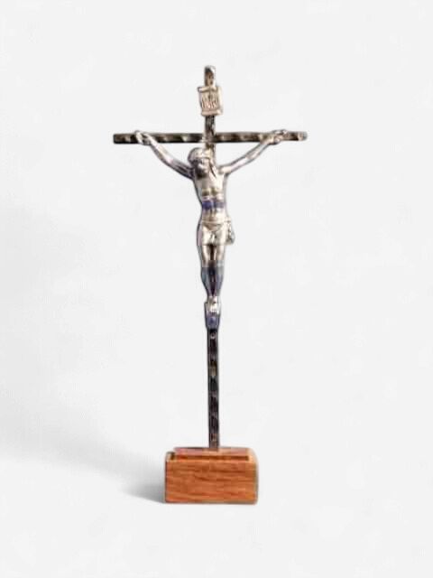 Standing Metal Crucifix on Wood Base - 160 x 70mm