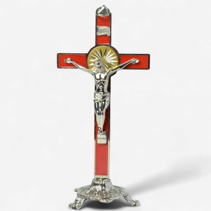 Seated Metal Crucifix 20cm, Colour: Silver/Red
