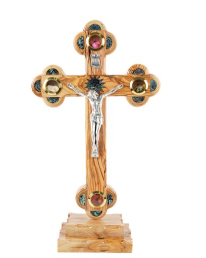 Olive Wood Cross Mother of Pearl Nitrate with 4 Lenses and Base