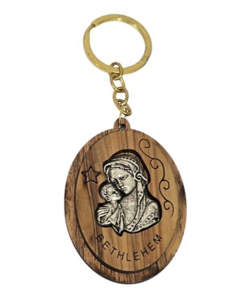 Olive Wood Oval Key Chain - Virgin Mary and Jesus - From the Holy Land