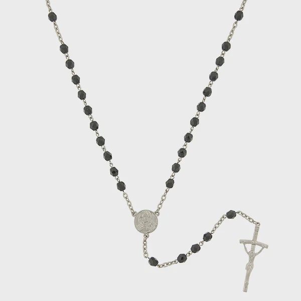 Silver-Tone Black Bead Papal Rosary
