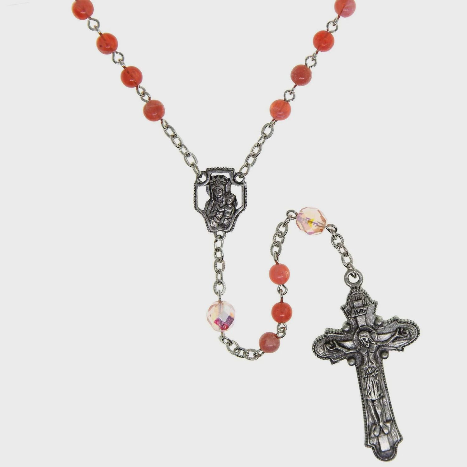 Mary And Child &amp; Crucifix Beaded Rosary Pink