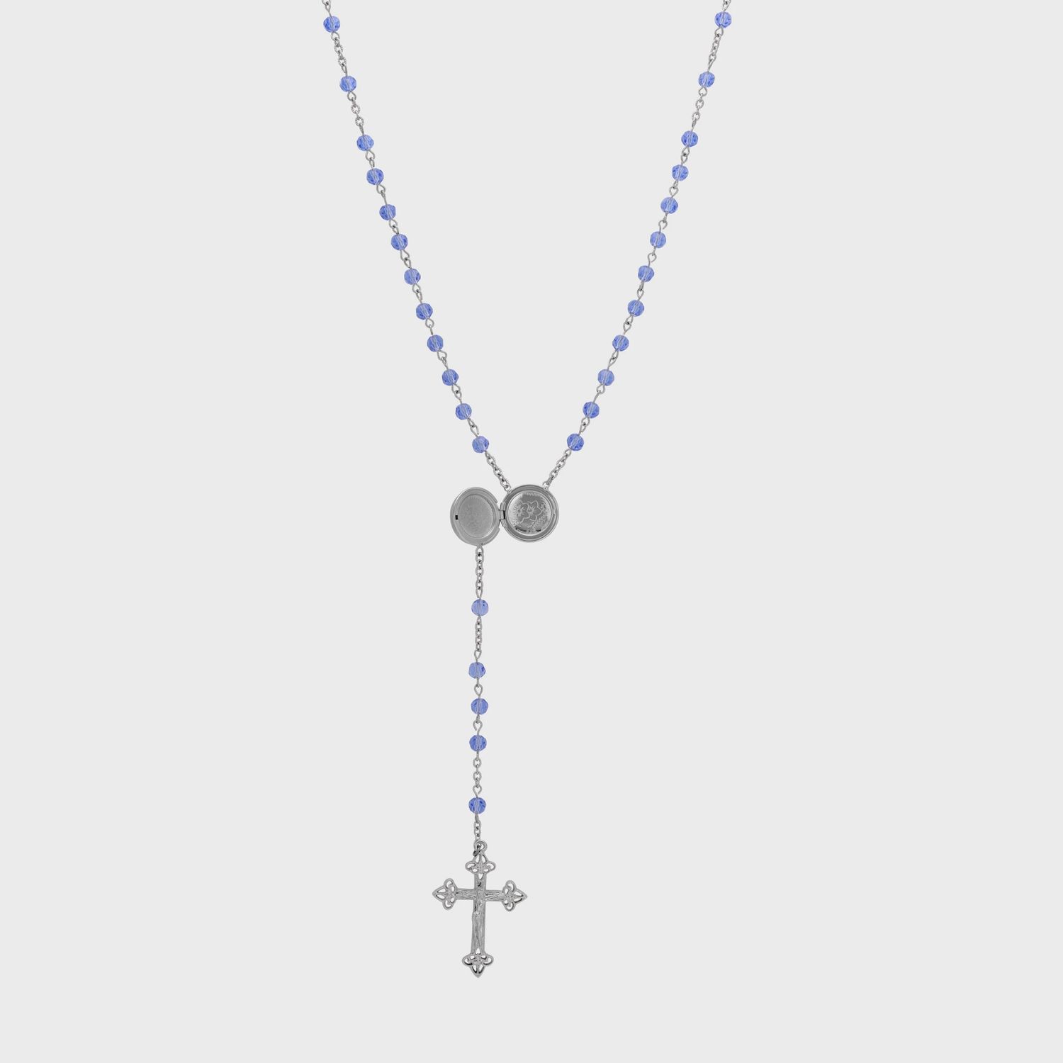Madonna and Child Round Locket Crucifix Light Sapphire Blue Rosary