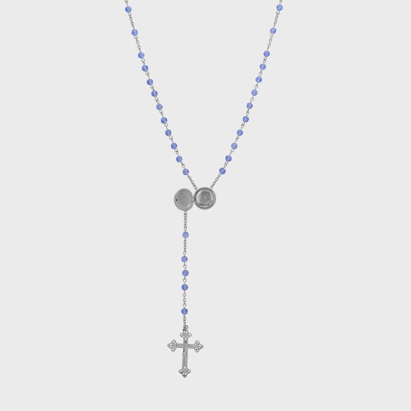 Madonna and Child Round Locket Crucifix Light Sapphire Blue Rosary