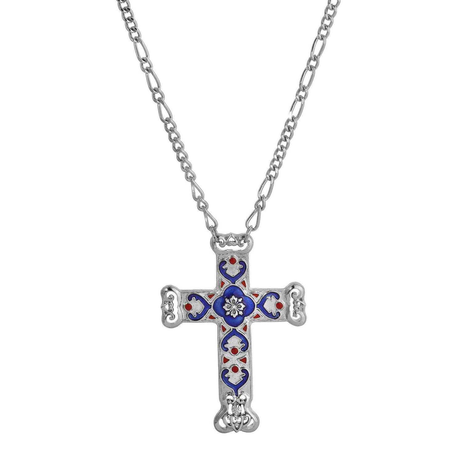Antigua Enamel Cross &amp; Heart Pendant Necklace 28"L Silver