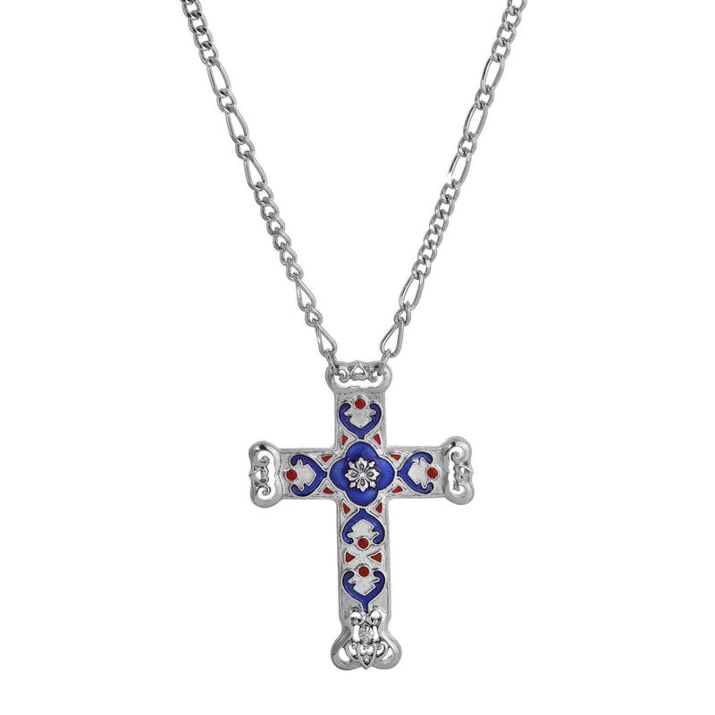 Antigua Enamel Cross &amp; Heart Pendant Necklace 28"L Silver