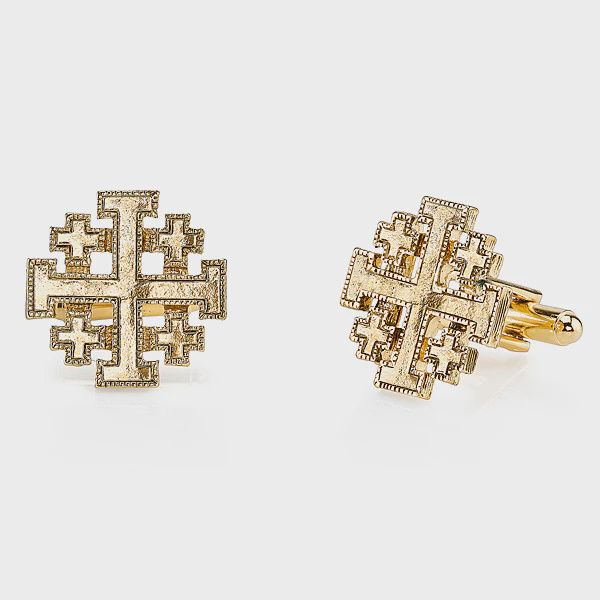 14K Gold-Dipped Jerusalem Cross Round Cuff Links