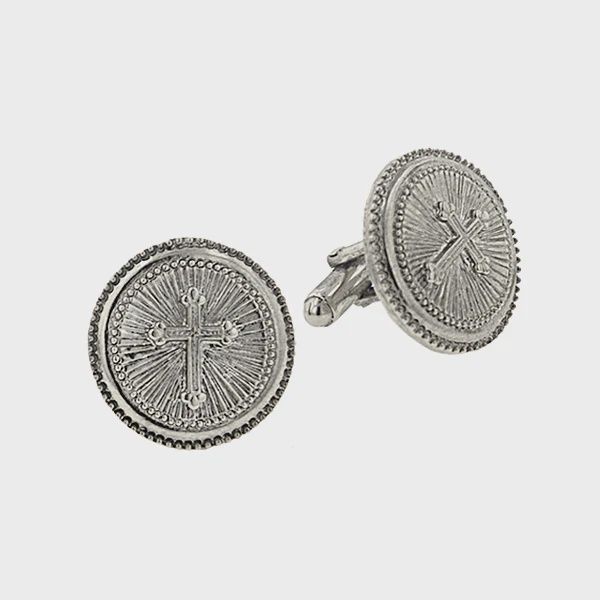 Silver-Tone Cross Round Cuff Links