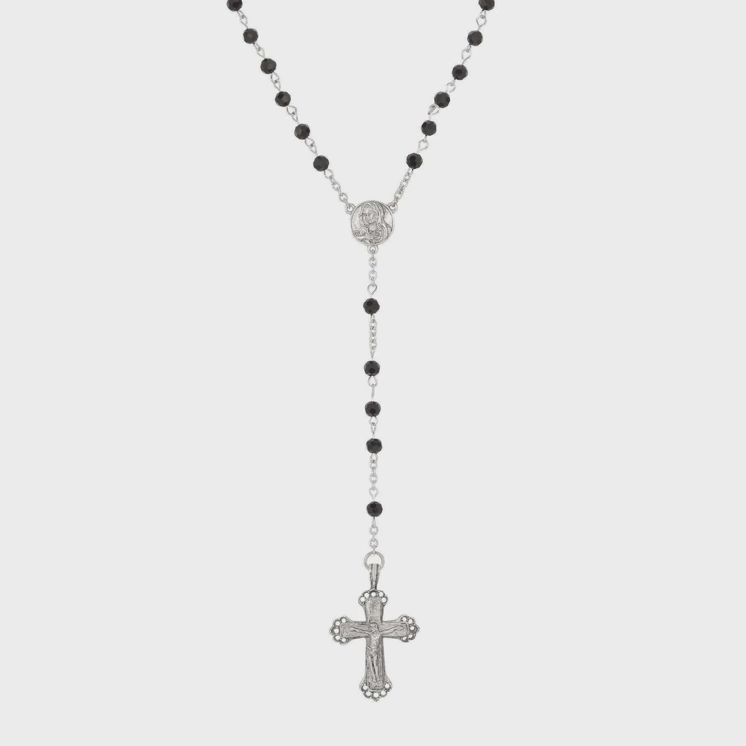 Crucifix &amp; Mother Mary Jet Black Glass Rosary Prayer Beads