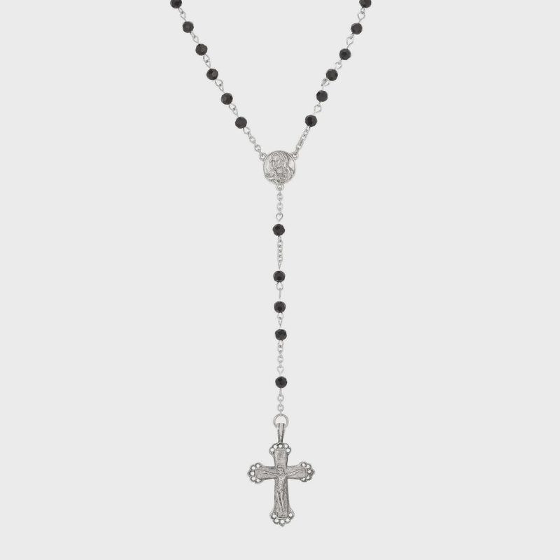 Crucifix &amp; Mother Mary Jet Black Glass Rosary Prayer Beads