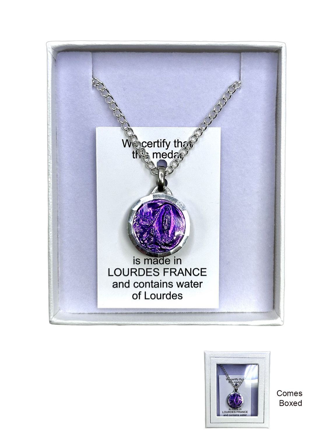 Our Lady of Lourdes w/Water Violet Medal &amp; Chain
