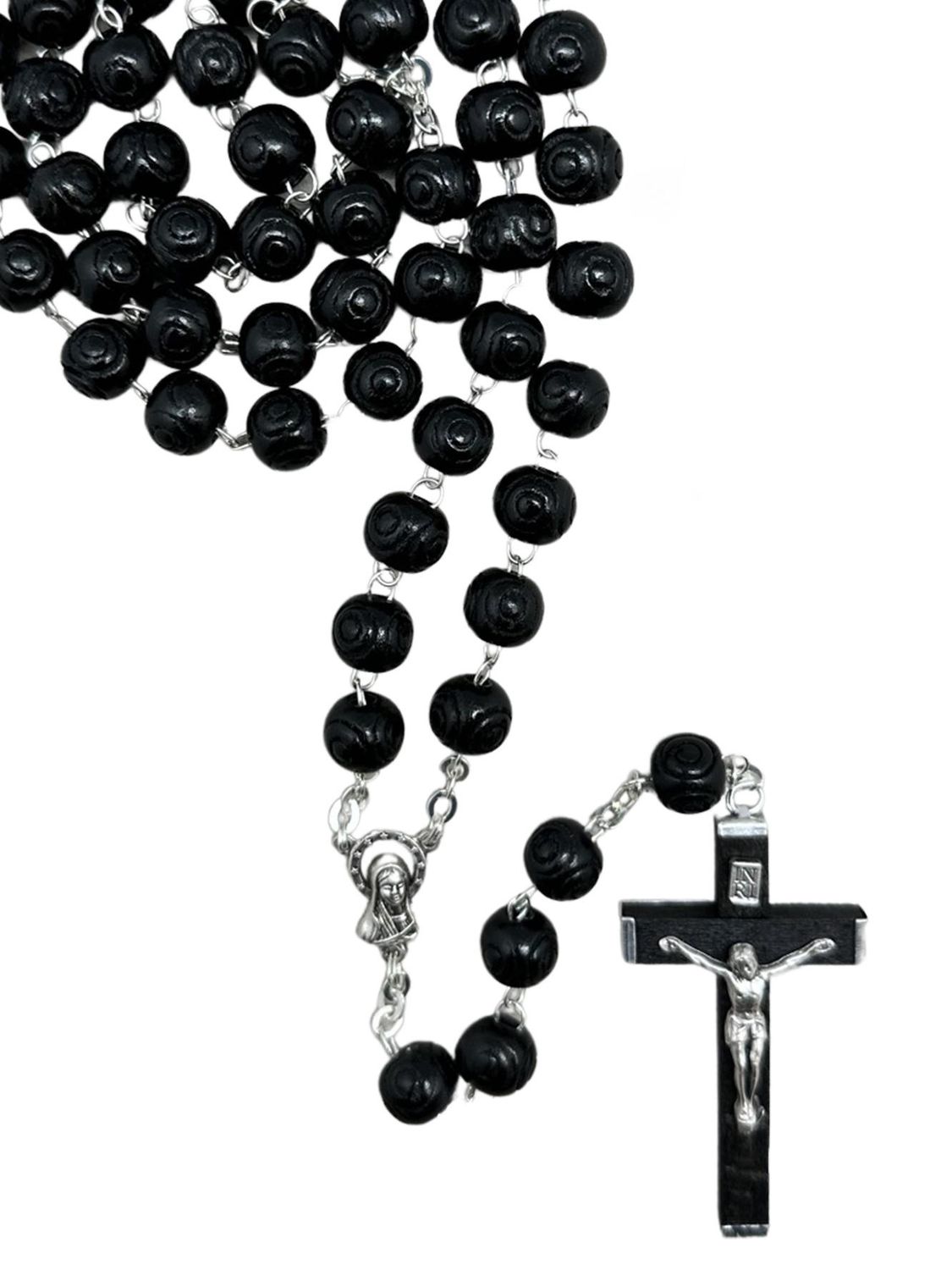 Rosary Wood Black Round Patterned - 8mm Beads