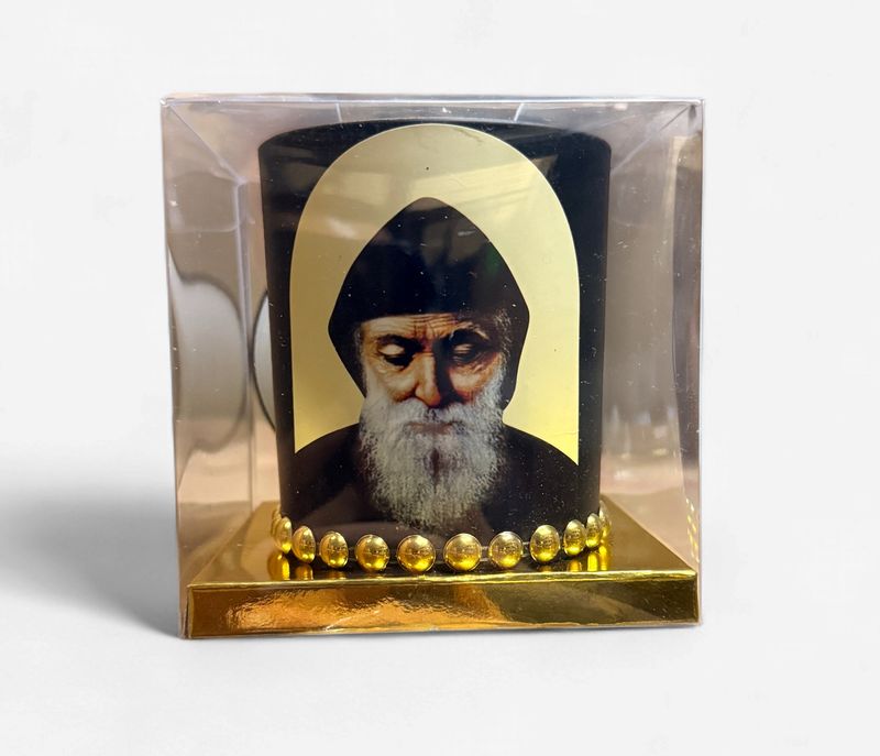 St Charbel Candle Jar with Bracelet Boxed