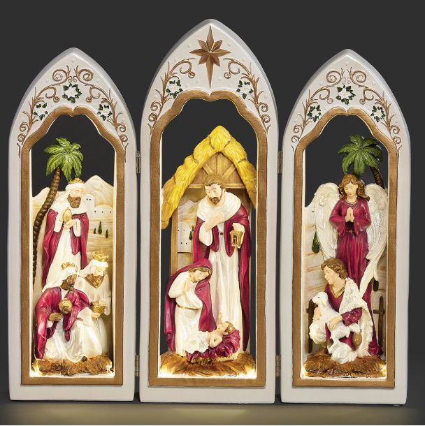 Lighted Holy Family Triptych with Pearlized Finish &amp; Scrolls