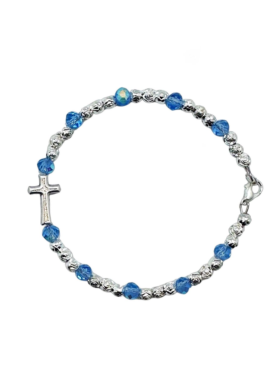 Crystal and Rose Bead Rosary Bracelet, Colour: Light Blue