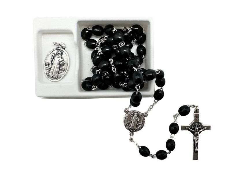 St Benedict Wood Rosary &amp; Medal Set - Black