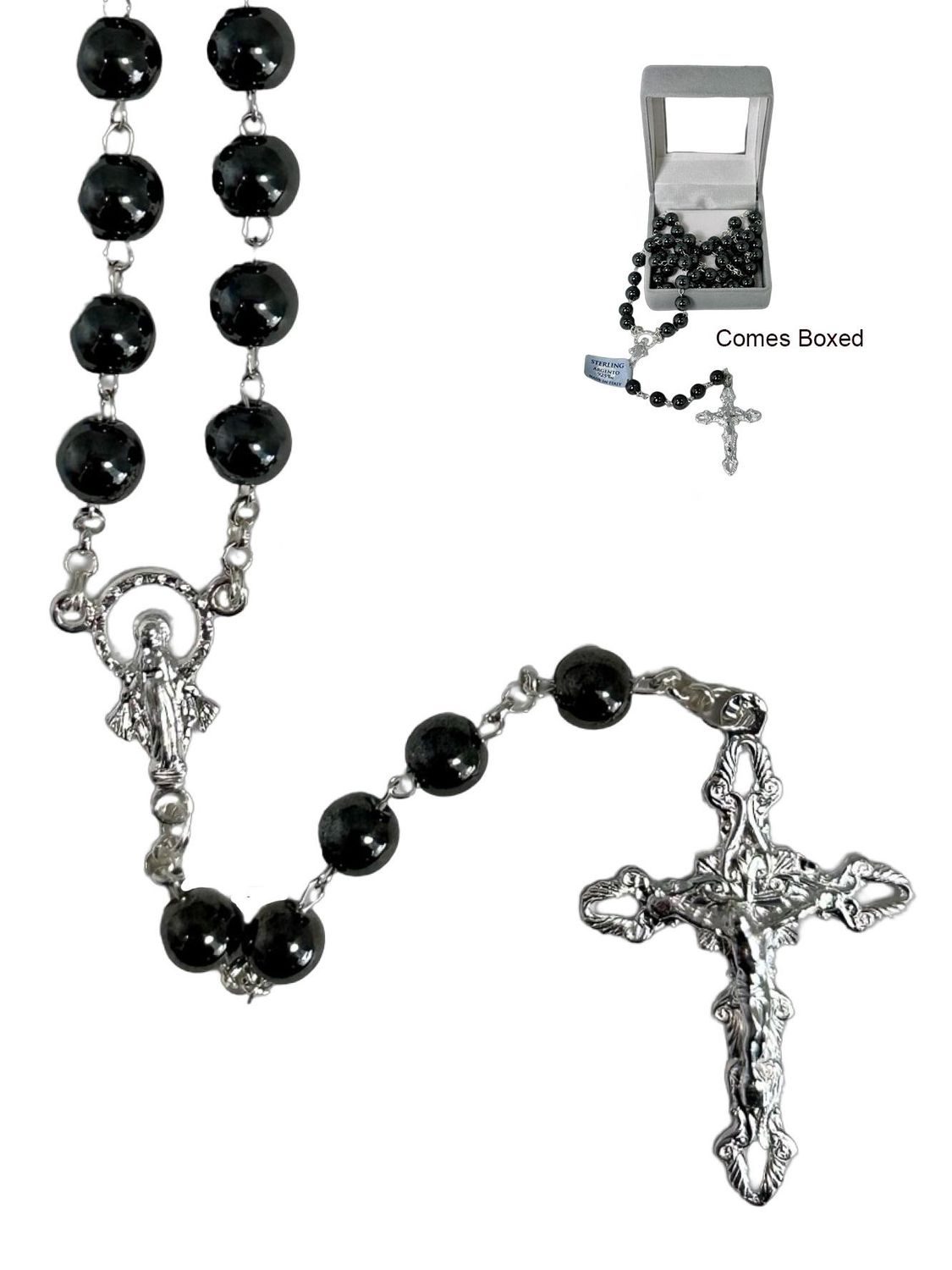 Genuine Hematite Rosary - Sterling Silver Chain