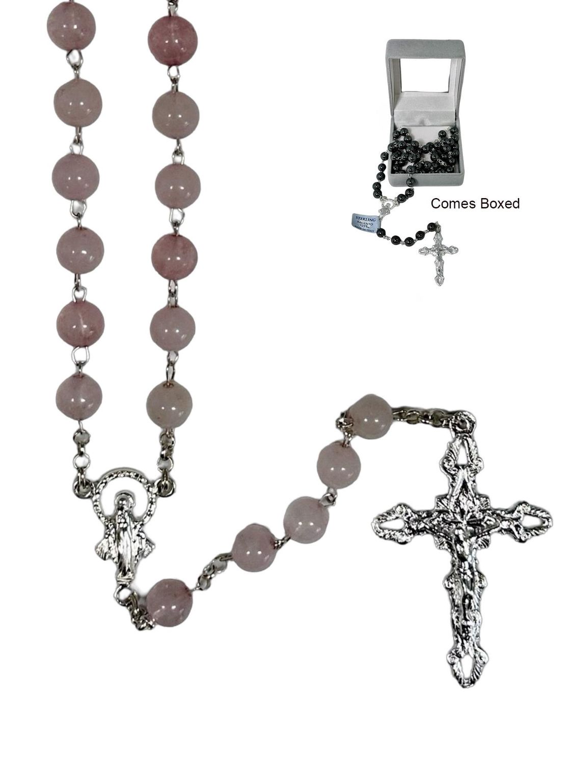 Genuine Rose Quartz Rosary - Sterling Silver Chain