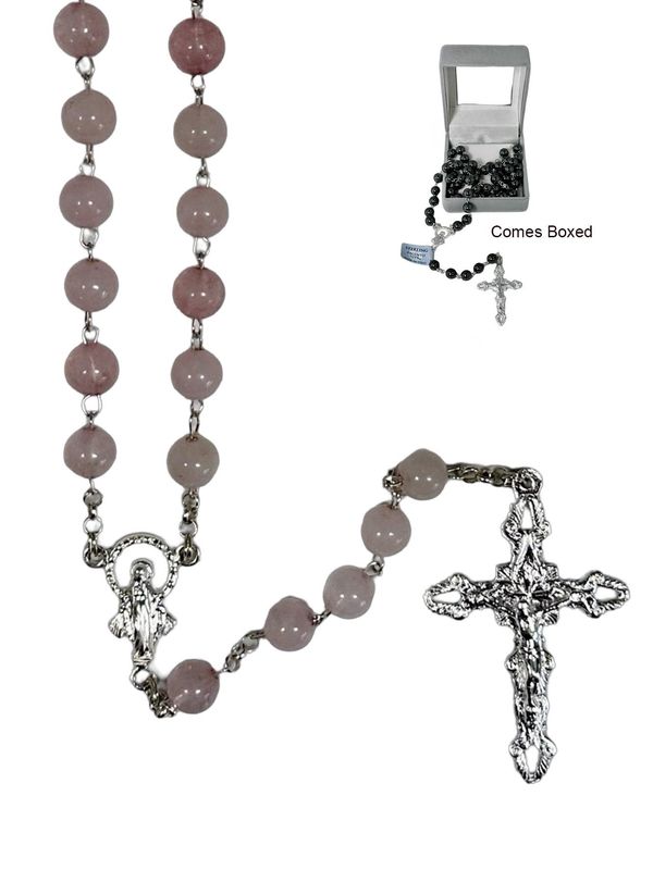 Genuine Rose Quartz Rosary - Sterling Silver Chain