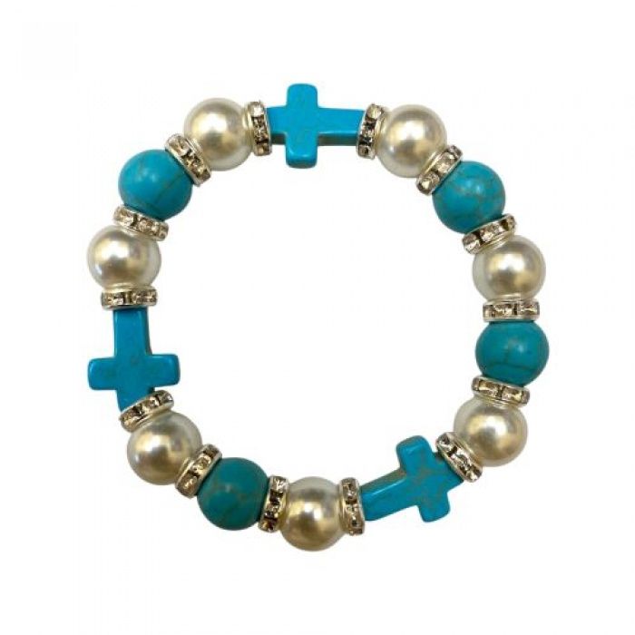 Blue/Silver Beads and Cross Bracelet