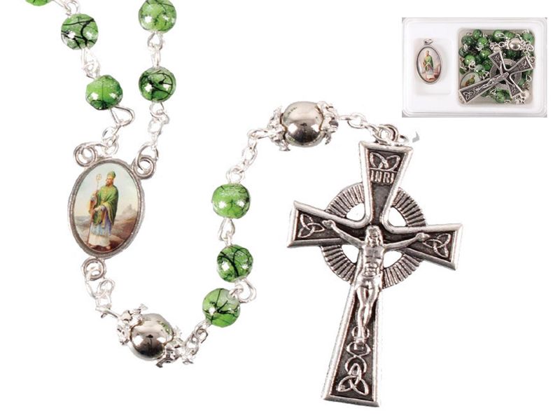 St Patrick Glass Rosary and Medal Set