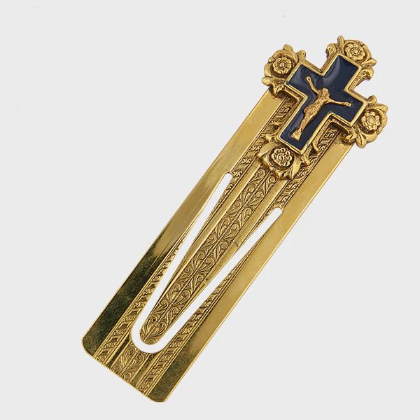 14K Gold-Dipped and Blue Enamel Crucifix Small Bookmark