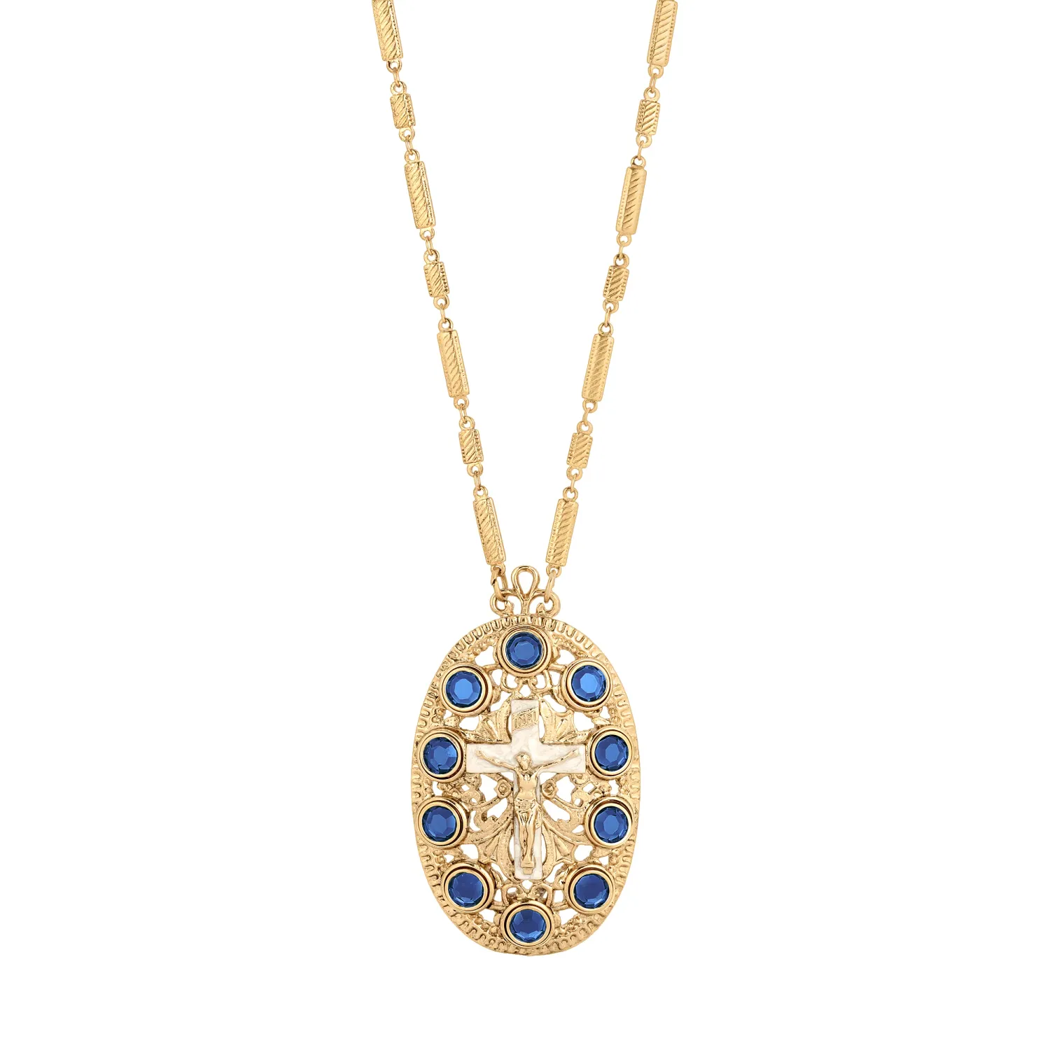 Symbols of Life INRI Crucifix Channel Crystal Oval Pendant Necklace 26"