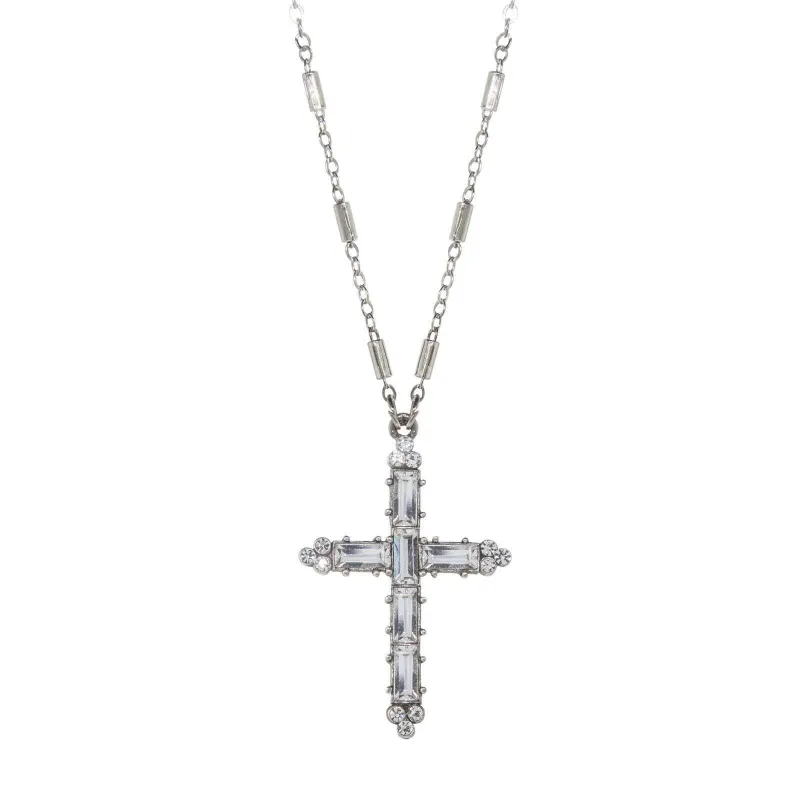 Symbols of Faith Pewter Crystal Cross Pendant Necklace 20"