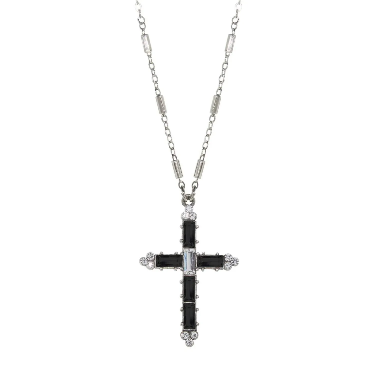 Symbols of Faith Pewter Crystal Cross Pendant Necklace 20", Colour: Black