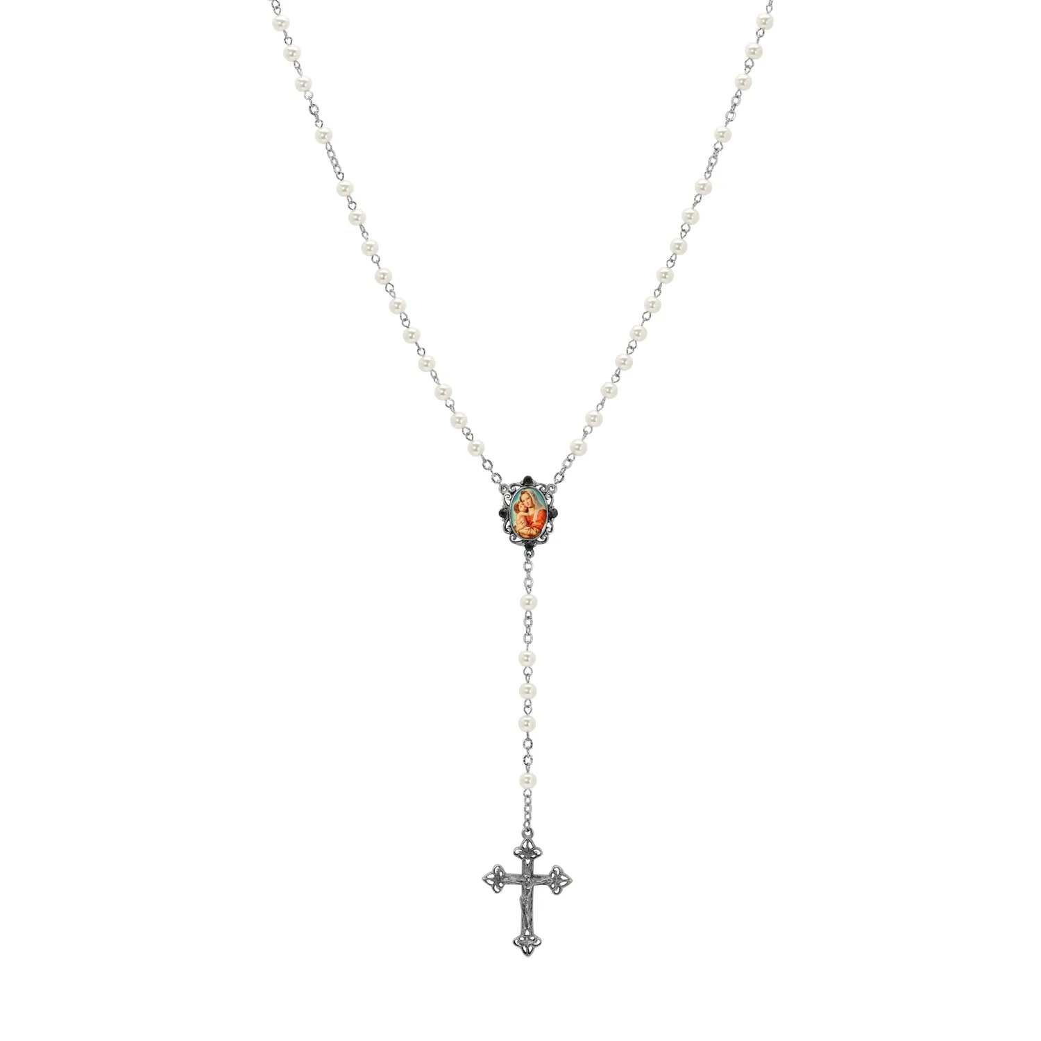 Symbols of Faith Mary &amp; Child Crucifix Faux Pearl Rosary Pendant Necklace 22"