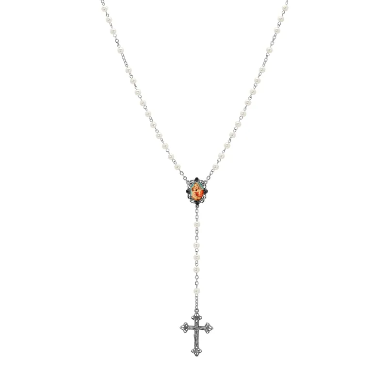 Symbols of Faith Mary &amp; Child Crucifix Faux Pearl Rosary Pendant Necklace 22"