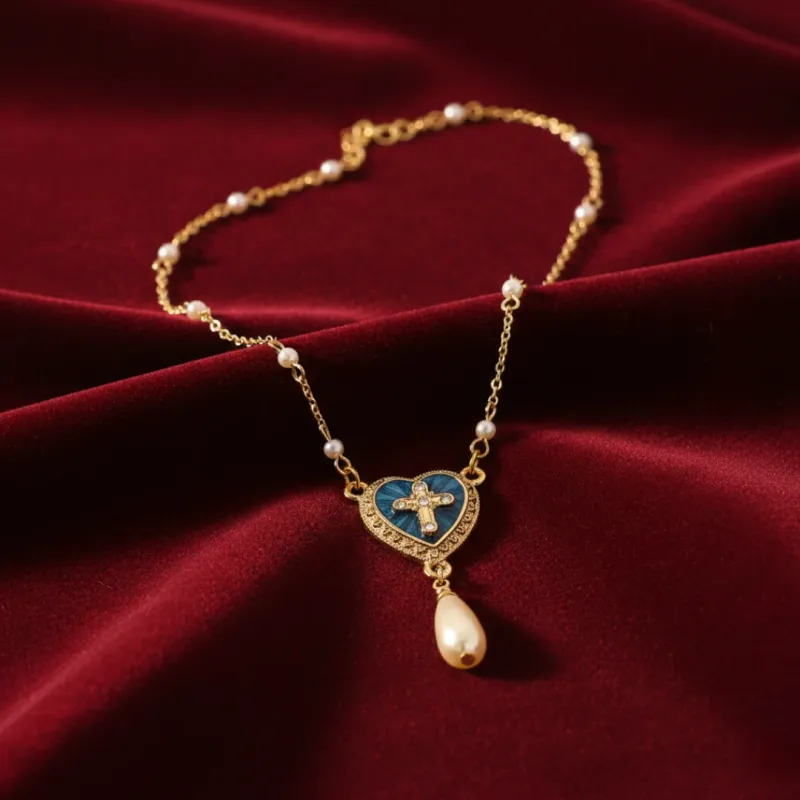 Symbols of Faith Blue Enamel Heart Cross and Pearl Drop Necklace 16" + 3" Extension