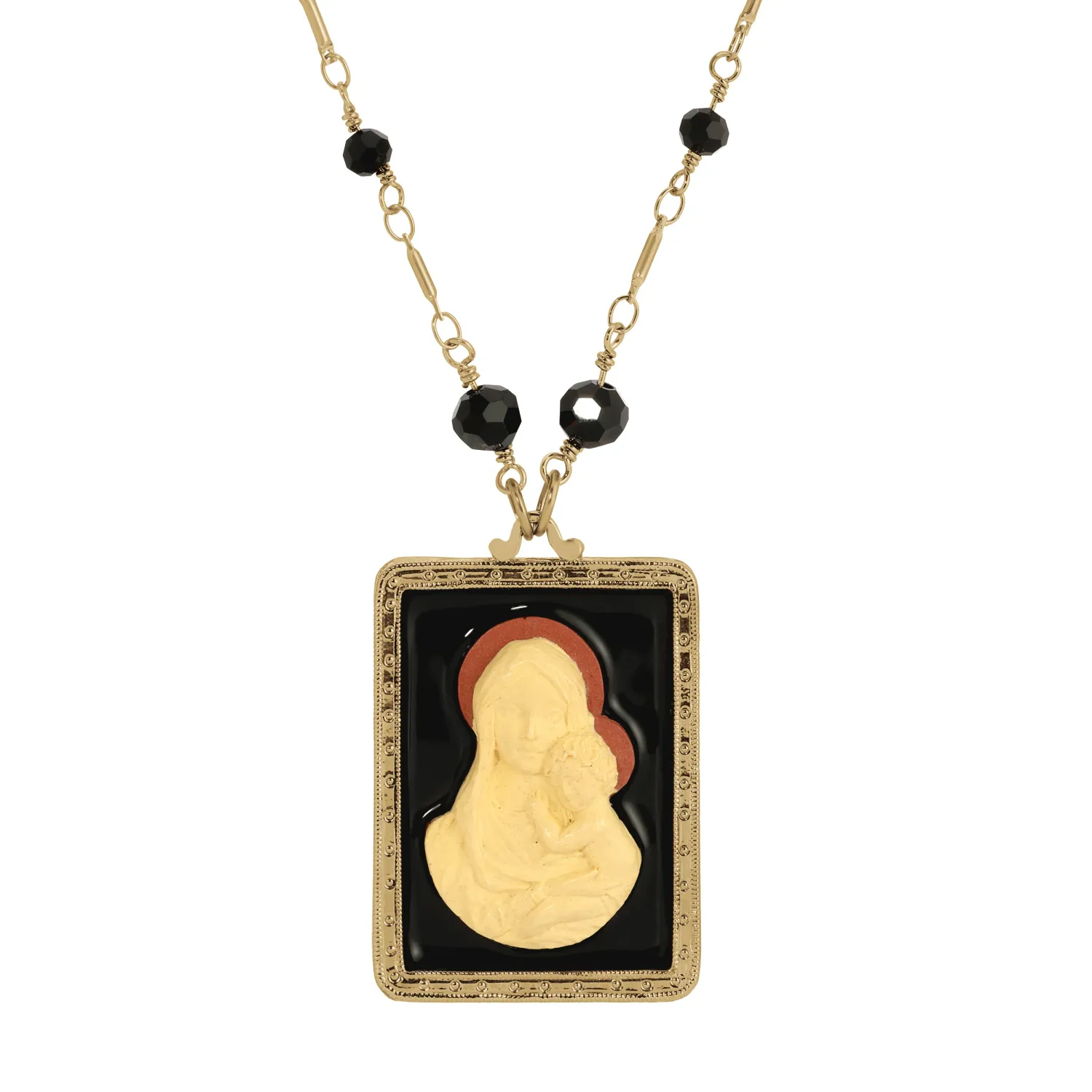 Symbol of Faith Rectangular Madonna And Child Cameo Black Enamel Pendant Necklace 30"